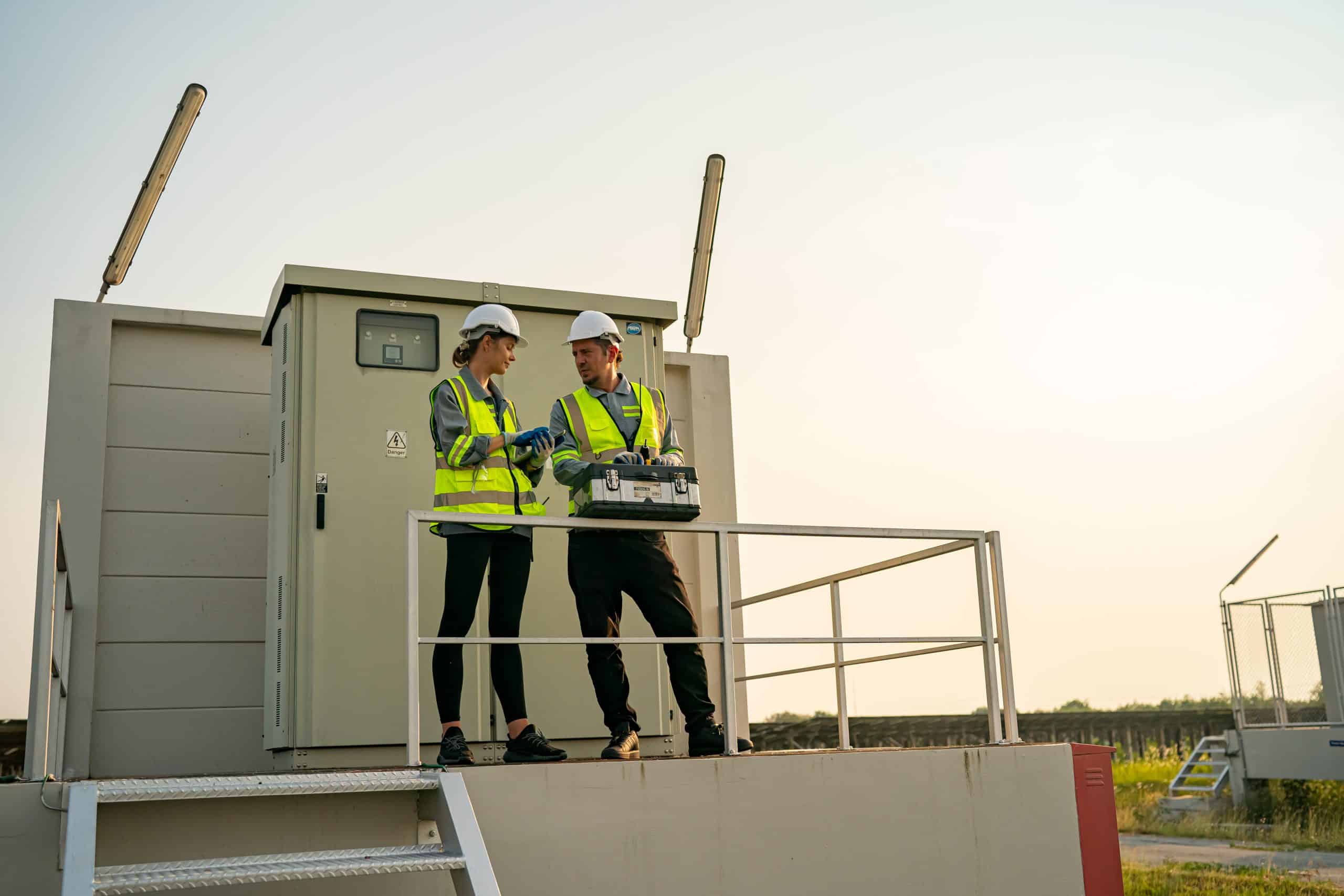 Many and woman in PPE standing in front of industrial equipment