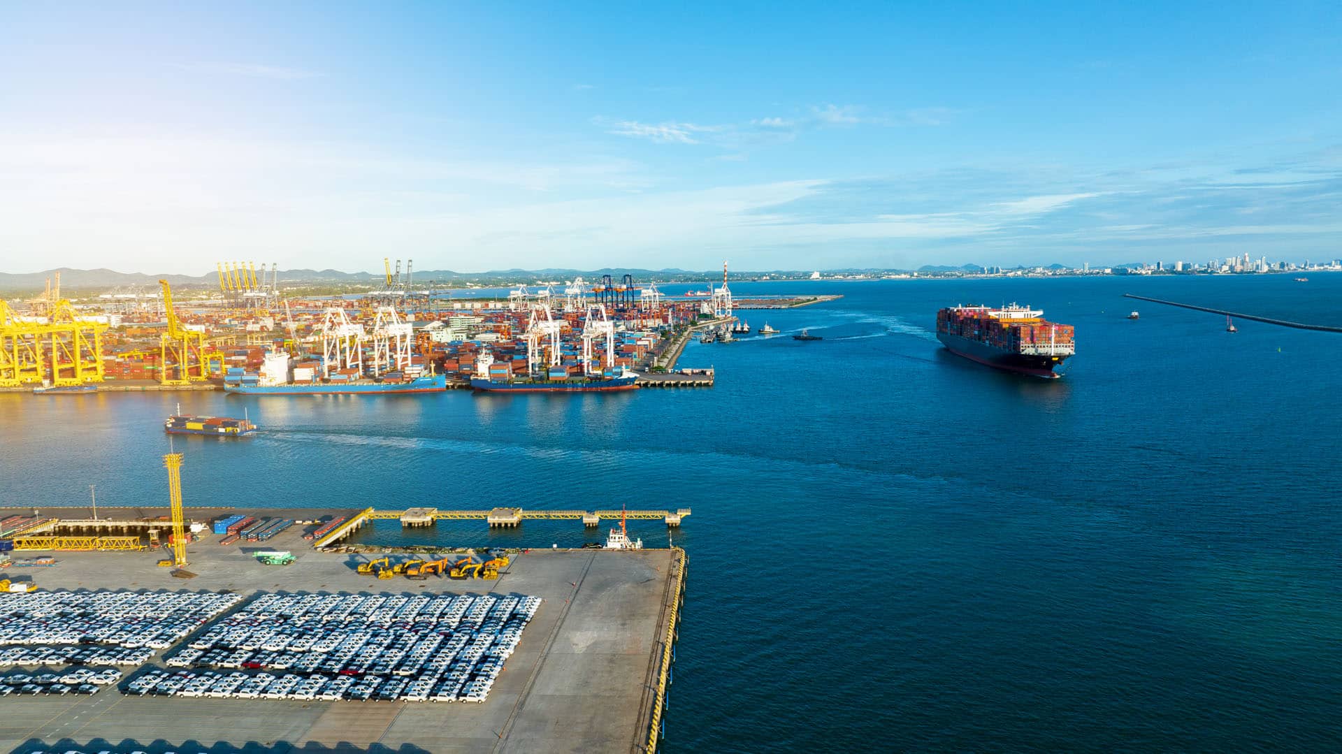 Aerial view of container ship coming into port
