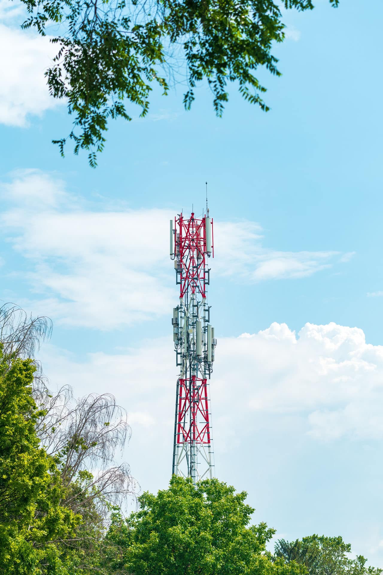 Telecommunication tower above trees against a partly cloudy sky