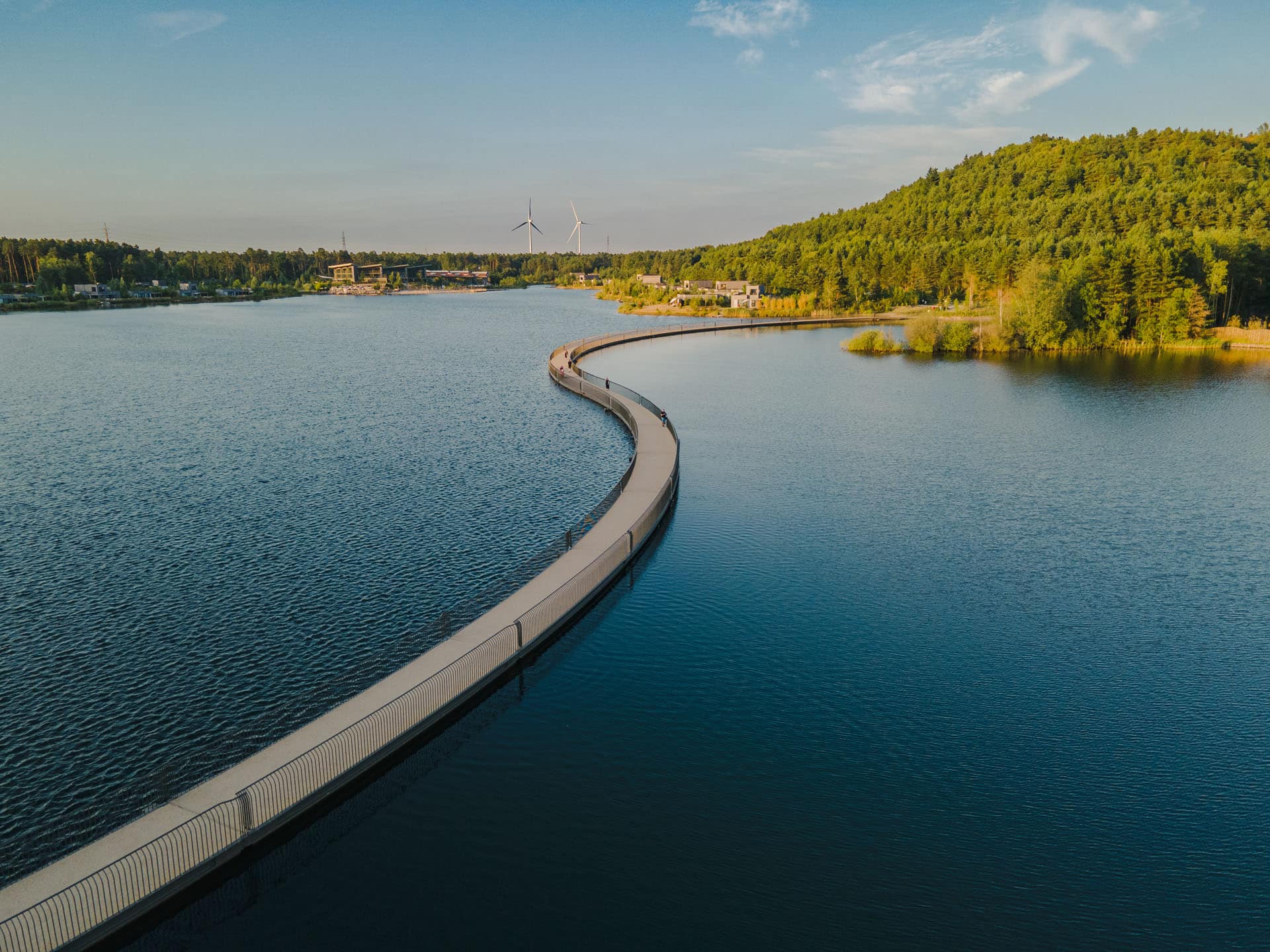 Walkway over water with forrest background